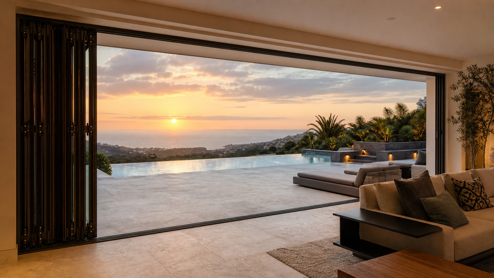 LIKI ultra-large folding door system opened across a luxury villa living space