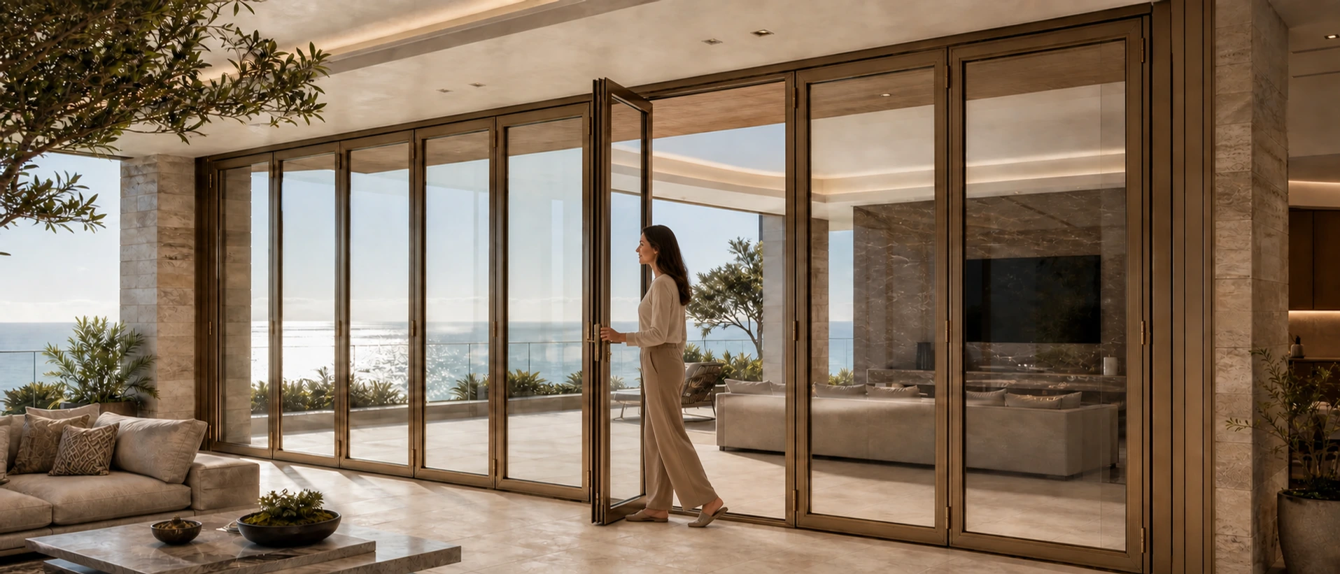 Champagne bronze LIKI folding glass wall with dedicated daily access panel open